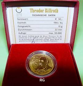 �sterreich 50 � Gro�e Mediziner - Theodor Billroth -2009 gold - Bild vergr��ern 