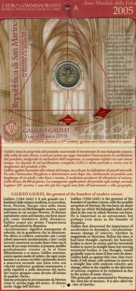2 Euro San Marino 2005 - Galileo Galilei / Internationales Jahr der Physik - im Folder - Bild vergr��ern 