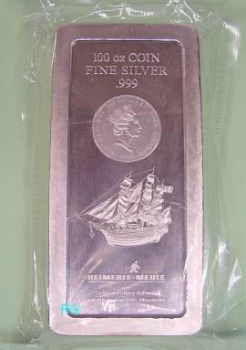 100 oz Silberbarren Heimerle + Meule 100 $ Cook Islands 2008 - Bild vergrern 