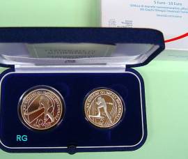 Italien 5 Euro + 10 Euro 2005 - Olymische Winterspiele Turin: Skilanglauf + Eishockey - PP - Bild vergrößern