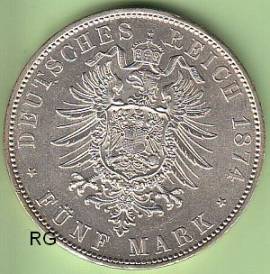 (Mi3) 5 Mark Bayern 1874 D vz - stgl. - Bild vergr��ern 